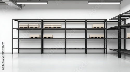Modern industrial warehouse shelving with organized boxes and clean lines