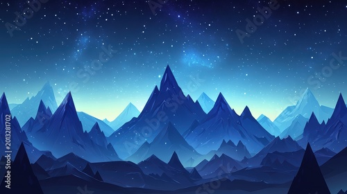 Majestic blue mountain range under a vast star-filled night sky with glowing celestial patterns