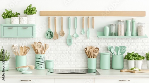 Neatly Arranged Sustainable Kitchen Utensils in Pastel Mint Green and Natural Wood on a Countertop