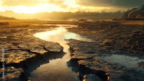 Parched earth with shallow water reflecting harsh sunlight, showcasing the severe impact of drought on a dry riverbed.
