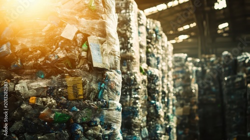 Towering stacks of plastic packaging waste in a brightly lit warehouse awaiting recycling, highlighting consumption's impact.