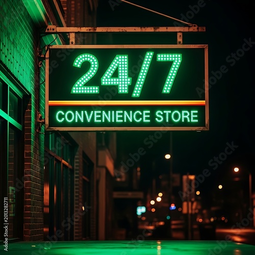 Bright Green 24 7 Convenience Store Sign Glowing on Urban Street at Night
