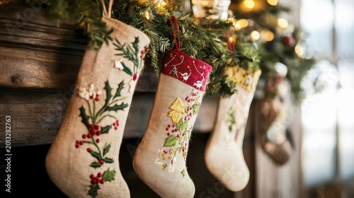 Three intricately embroidered Christmas stockings with festive designs hang from a decorated mantelpiece, evoking warm holiday cheer and seasonal anticipation.