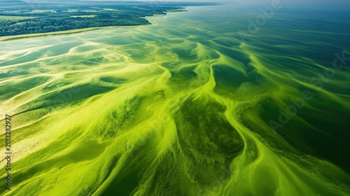 Vibrant Algal Bloom Spreading Across Polluted Lake Surface Creating Organic Patterns from Above