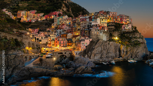 Colorful Manarola in Cinque terre Italy at night - old fishing city