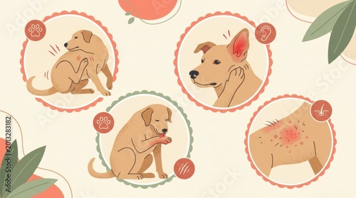 Visuals show common health issues in pets, including itching, ear problems, and skin rashes, aimed at veterinary study and pet care.