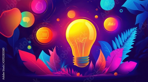 Vibrant glowing lightbulb illuminating abstract colorful concepts and ideas amidst digital elements, symbolizing innovation and creativity.
