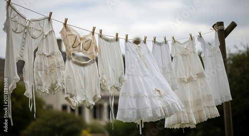 White Vintage Clothing Hanging on Clothesline in Outdoor Garden
