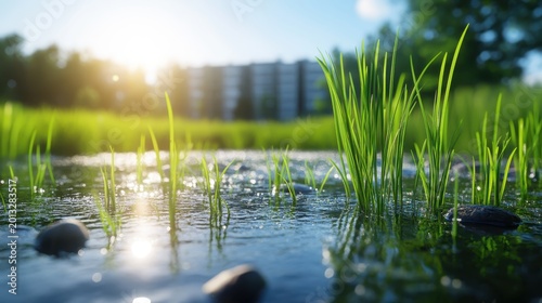 Young green grass growing in a sunlit urban wetland with a blurred city skyline in the background