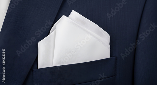 Neatly folded white handkerchief in suit pocket mockup, blank spaces for text