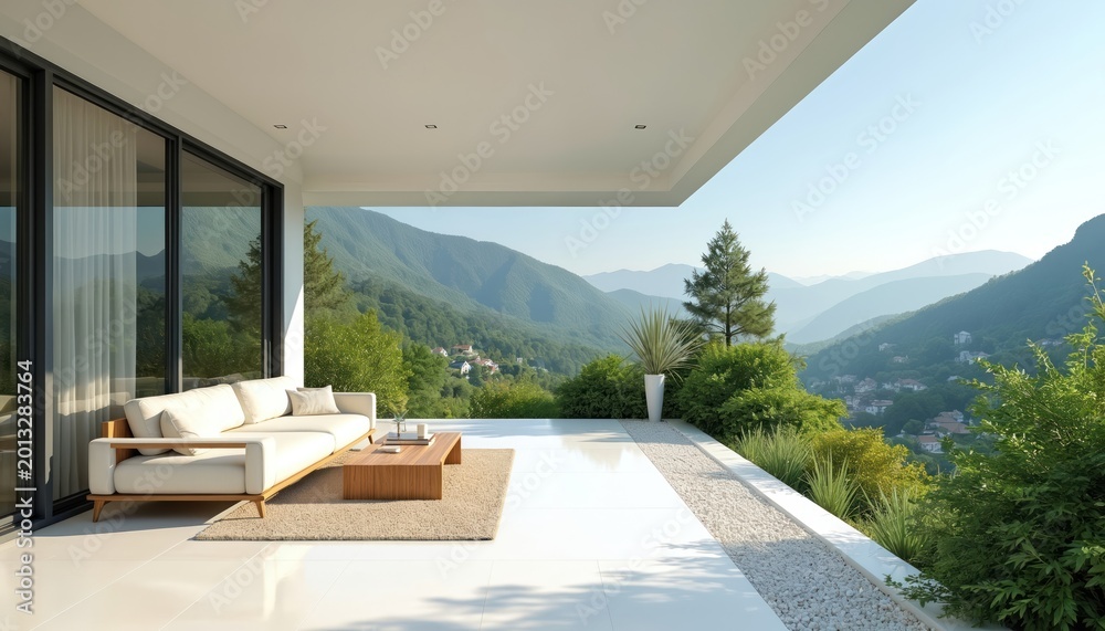 Fototapeta premium Modern patio furniture with white sofa and wooden table sits on deck. Overlooks rich green mountain landscape. Sunny day bright airy atmosphere. Perfect outdoor living space.