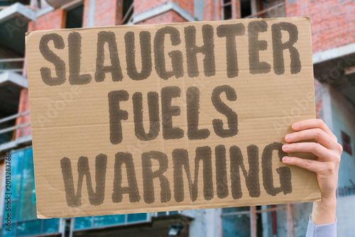 фотографія "Slaughter Fuels Warming" Industrial animal slaughter and processing operations generate significant greenhouse gas outputs beyond methane