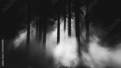 Dramatic forest fire smoke with high contrast lighting, showcasing burnt trees and an eerie atmosphere.