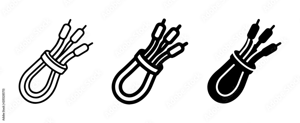 Obraz premium Audio Cable Icons, RCA Connector Set, Vintage Wire Graphics, Three Vector Illustrations for Sound Equipment