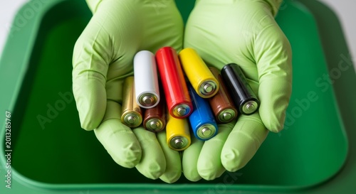Close up of hands in green gloves holding colorful alkaline batteries emphasizing toxic waste recycling.