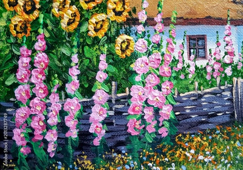 Traditional Ukrainian garden with pink mallows and sunflowers near a rustic cottage, oil painting.