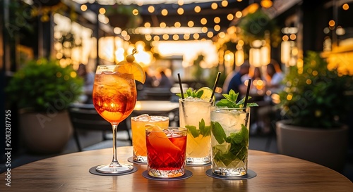 Colorful Summer Cocktails Arranged on Outdoor Restaurant Table at Sunset
