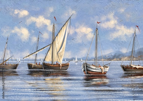 Vintage fishing boats and sailboats on calm sea waters, impressionist oil painting.