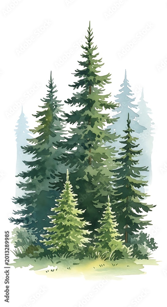 Fototapeta premium Watercolor Evergreen Pine Tree Cluster Standing in Misty Forest Scene