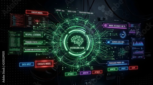 Futuristic digital interface displaying advanced artificial intelligence algorithms and neural network processing for complex data analysis and cognitive computing