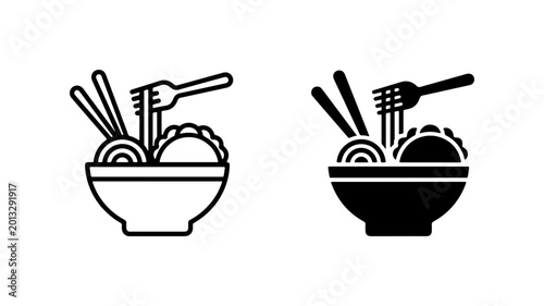 Quadro su tela Noodle Bowl Icons, Asian Food Vector Set, Chopsticks and Fork Meal