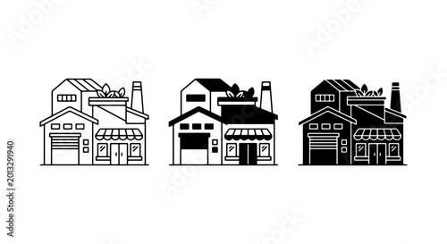 Commercial Building Icons, Storefront Vector Set, Urban Facade Graphics