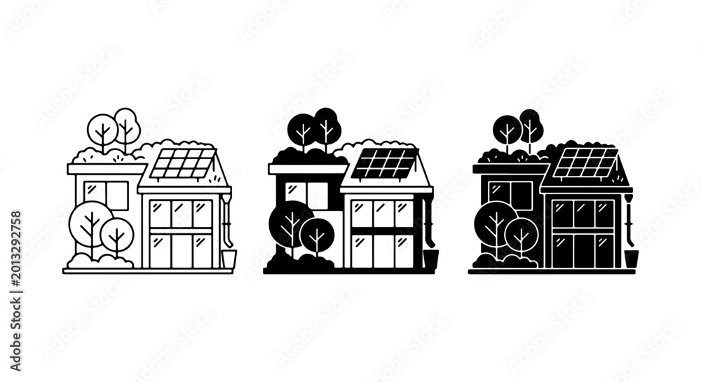 Naklejka premium Eco-Friendly House Icons, Green Energy Buildings, Sustainable Home Vector Set