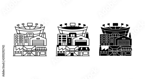 Photos Cityscape Icons Set: Urban Buildings, Stadium, Shops, Factories Vector
