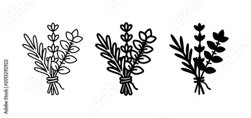 Εκτύπωση καμβά Herbal Bouquet Icons, Lavender and Rosemary Line Art, Botanical Vector Set