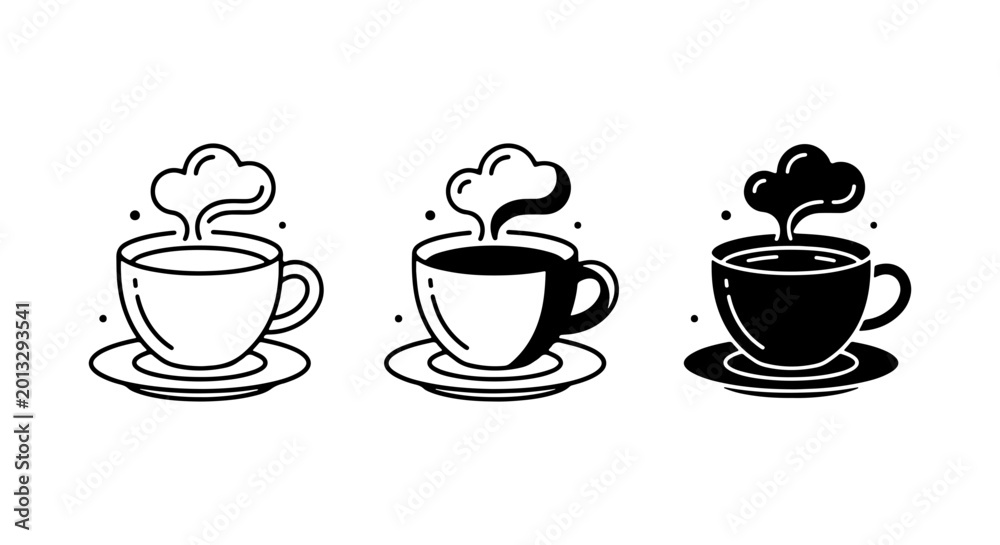 Obraz premium Hot Coffee Cup Icons, Steaming Beverage Vector Set, Morning Drink Graphics