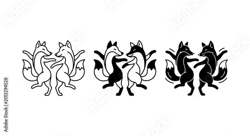 Cuadro en lienzo Mythical Kitsune Fox Icons, Japanese Folklore Spirit Symbols, Black White Vector