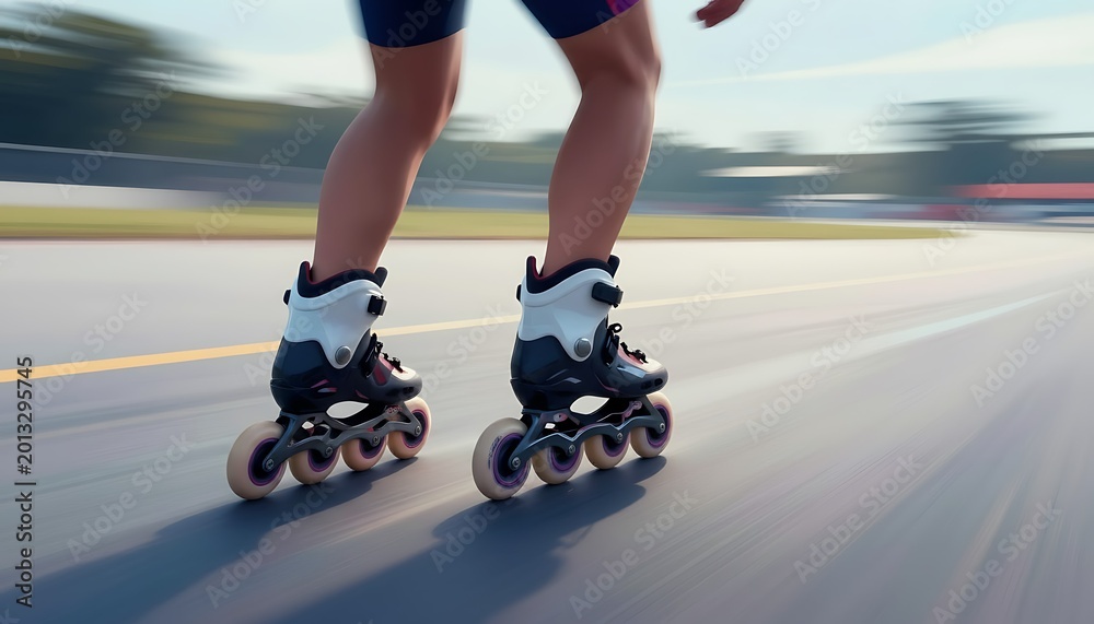 Fototapeta premium Roller skater moving quickly on paved path during sunny day