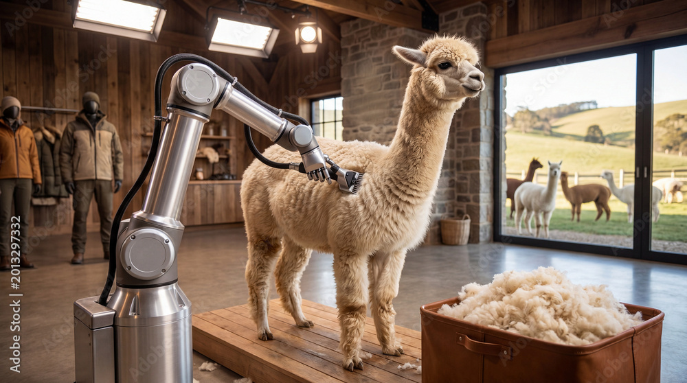 Fototapeta premium Robotic arm shears a calm alpaca in a sunlit rustic barn, collecting fluffy fleece for sustainable wool production and showcasing the intersection of automation and traditional rural farming.