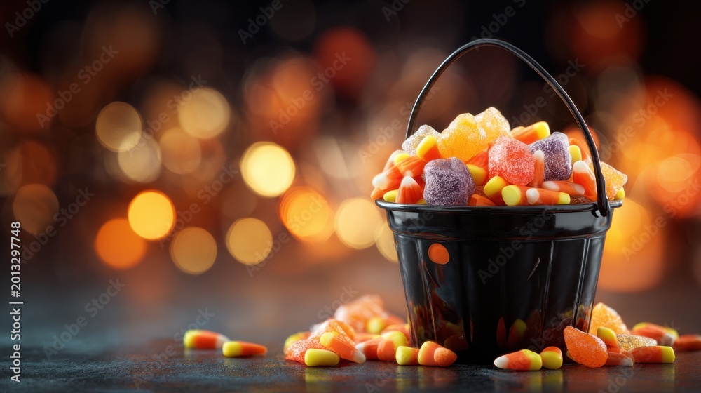 Fototapeta premium Black treat bucket overflowing with Halloween candy and colorful sweets on bokeh background