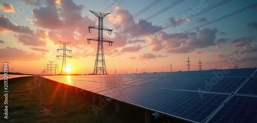 Solar panels field and power lines at sunset. Renewable energy infrastructure, clean power generation, sustainable electricity transmission across fields at dusk. Future tech.