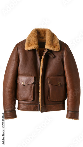 Cuadro en lienzo Isolated classic brown leather aviator bomber jacket with warm fur collar for me