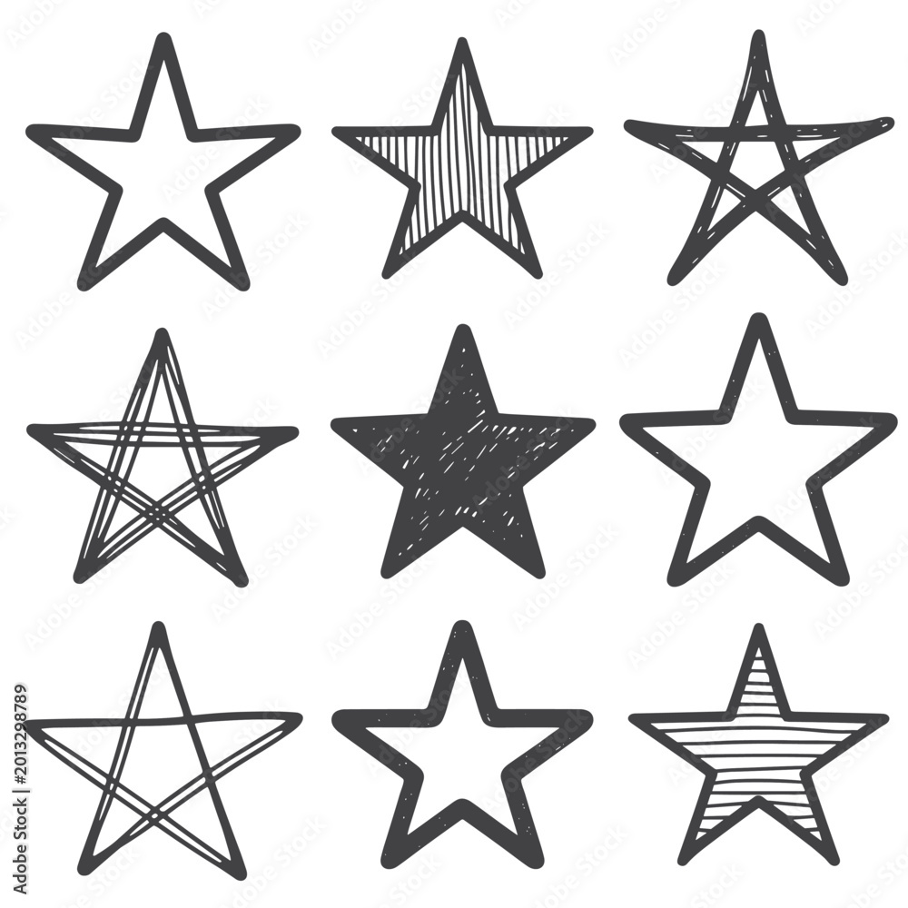Obraz premium Nine hand drawn star with varied fill patterns and outlines doodle