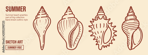 Obraz na płótnie Four hand drawn outline style seashells in brown on a beige background with summ