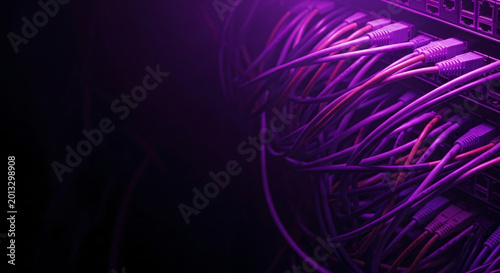 Close-up of a purple electronic circuit board with glowing purple wires against a dark background with a cinematic lighting effect.