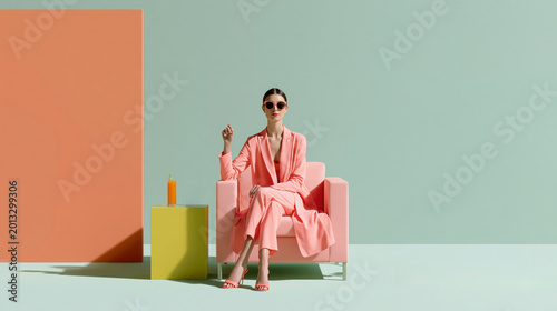 Una mujer vestida con un traje de color rosa sentada en un sofá