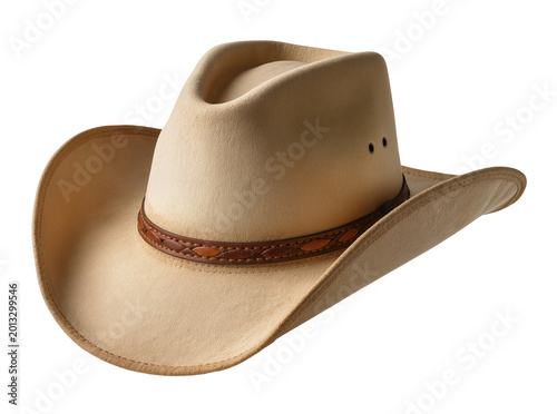 Foto Isolated beige cowboy hat with brown braided leather band, a classic western sty
