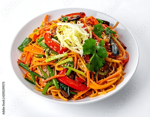Colorful vegetable stir fry in white bowl on white background