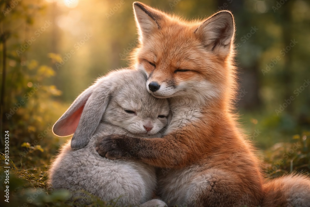Obraz premium Fox and rabbit hugging in the forest. Animals showing affection and friendship. Cute wildlife creatures together in nature. Peaceful interaction of wild animals