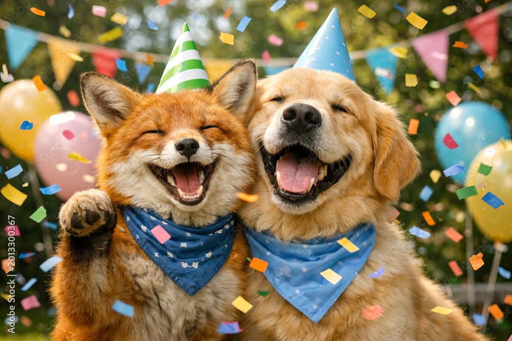 Naklejka premium Happy fox and dog celebrating with party hats and confetti. Animals having fun at a birthday party in the park. Joyful friendship and festive celebration concept with colorful balloons and bunting