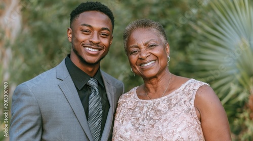 Smiling black mature woman posing with her son	looking at camera
