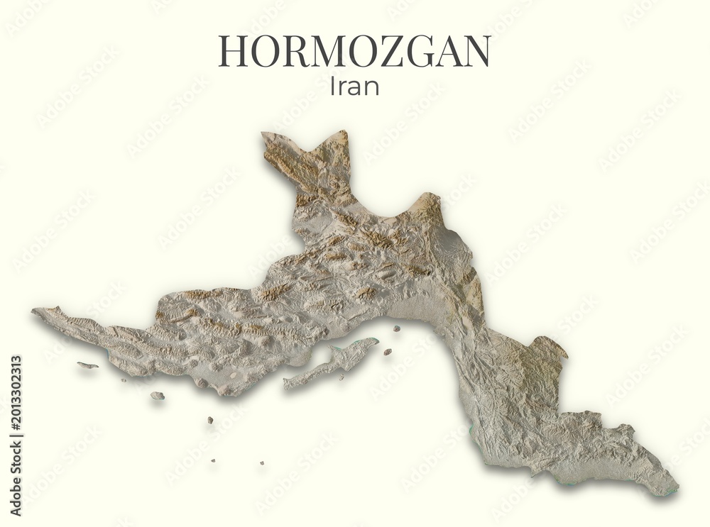 Fototapeta premium Hormozgan, Iran Relief Map. Hillshaded physical map. Shaded Terrain illustration of Hormozgan, Iran. Elements of this image derrived from NASA imagery and SRTM dataset.