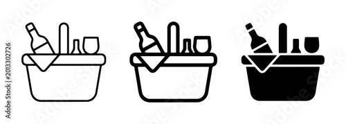 Bild auf Leinwand Picnic Basket Icons Set, Wine Bottle and Glass Vector Graphics, Outdoor Meal Cel