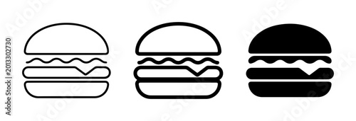 Hamburger Icons Set, Simple Burger Graphics, Fast Food Vector Symbols, Outline and Solid Styles, Black and White Food Illustrations