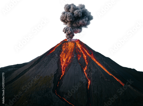 Fotografía Isolated dramatic volcanic eruption with glowing lava flowing down dark mountain