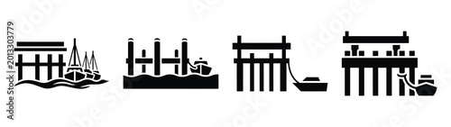Obraz na płótnie Collection of black summer boat dock silhouette simple vector icon set and summer icons concept